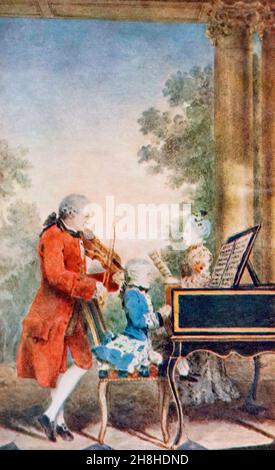 Mozart, aged 7, at the harpsichord with his sister Marianne and his father, Johann. After a watercolour by L.C. Carmontelle, c.1763. Wolfgang Amadeus Mozart, 1756 – 1791, baptised as Johannes Chrysostomus Wolfgangus Theophilus Mozart.  Prolific and influential composer of the Classical period.  Johann Georg Leopold Mozart , 1719 – 1787. German composer, conductor, music teacher, and violinist. Maria Anna Walburga Ignatia Mozart, 1751 – 1829, called 'Marianne' and nicknamed Nannerl.   Musician.  From The Golden Age of Vienna, published 1948. Stock Photo