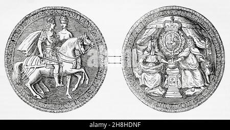 Great Seal of William and Mary, used to symbolise the Sovereign's approval of state documents.  King William III of England 1650 - 1702. Prince of Orange, Stadtholder of main Dutch Republic provinces.  Mary II, 1662 - 1694. Queen of England, Scotland and Ireland, co-reigning with her husband King WIlliam III.  From Cassell's Illustrated History of England, published c.1890. Stock Photo