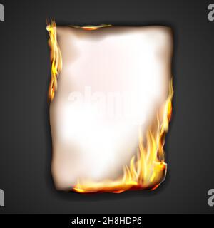 Paper burning in fire flame, realistic vector burnt paper with sparks ...