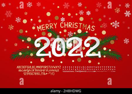 Stylish poster Merry Christmas. Funny white numbers paper cut style, golden glitter and green pine branches on red background. Two vector sets of deco Stock Vector