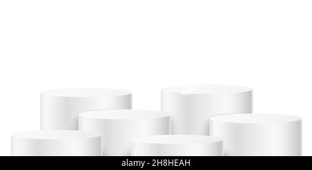 Cylinder shape white elegant pedestals for an object, or product presentation. An abstract vector scene with round form podiums. Stock Vector