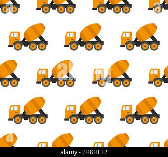 Seamless Pattern With Construction Tracks: Dipper, Bulldozer, Tractor, Excavator, Concrete Mixer Flat Vector Illustration Stock Vector