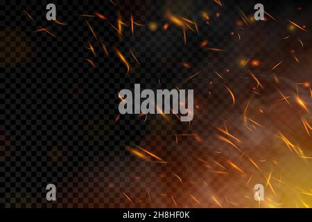 Fire. Fire sparks flying up on transparent background. Smoke and ...