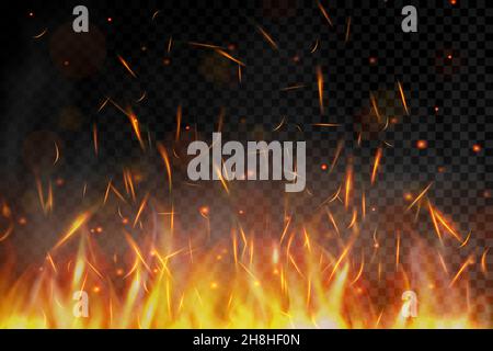 Fire. Fire sparks flying up on transparent background. Smoke and glowing particles on black. Realistic lighting sparks with bokeh effect for design. V Stock Vector