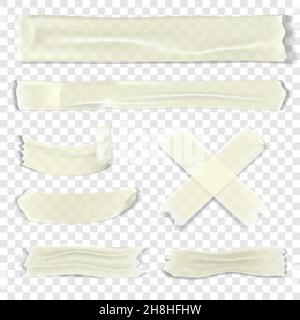close up of pieces of adhesive tape on transparent background, realistic 3d vector illustration Stock Vector