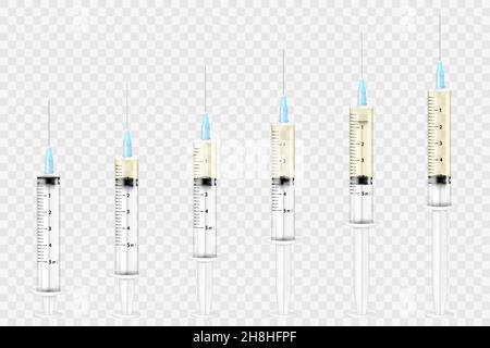 A set of medical syringes. The injection syringe is empty and filled with liquid. A set of disposable plastic syringes of various sizes for subcutaneo Stock Vector