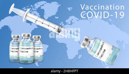 Coronavirus vaccination banner with covid-19 vaccine bottle, syringe on the background of the map . 3d vector realistic.Vector concept of immunization Stock Vector