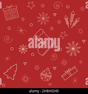 seamless pattern on a red background beige Christmas icons and snowflakes Stock Vector