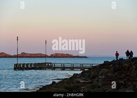 France, Manche, Chausey Islands, sunset over the Sound and its pier Stock Photo