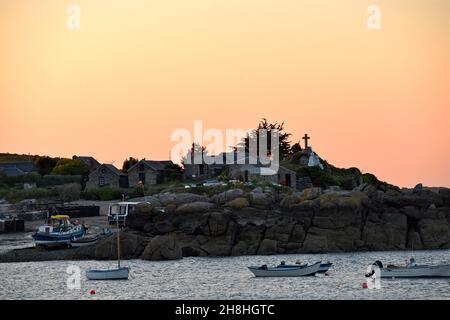 France, Manche, Chausey Islands, sunset over the hamlet of Blainvillais Stock Photo