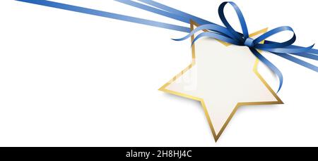 EPS 10 vector illustration of blue colored ribbon bow and gift band with shape of a golden star pendant for christmas greetings isolated on white back Stock Vector