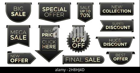 Vector set of different shape black sale tags, isolated on white background Stock Vector