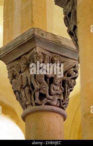 France, Puy de Dome, Clermont Ferrand, Notre-Dame-du-Port basilica in Auvergne Romanesque style, listed as a UNESCO World Heritage Site under the Routes of Saint-Jacques-de-Compostelle in France, Choir capital representing the life of Adam and Eve, Adam and Eve driven out of earthly Paradise Stock Photo