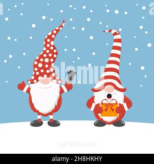 eps vector illustration with christmas gnomes having different characters for xmas and winter time concepts, falling snow flakes on blue colored backg Stock Vector