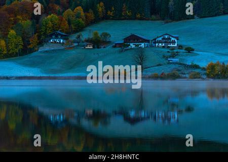 Lake Hintersee on a frosty early morning in October with its fantastic autumn colors, Ramsau near Berchtesgaden, Upper Bavaria, Southern Germany Stock Photo