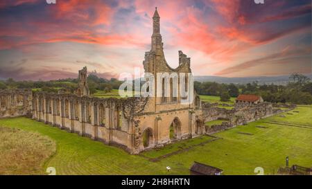Ruins of Byland Abbey, red skies Yorkshire Stock Photo