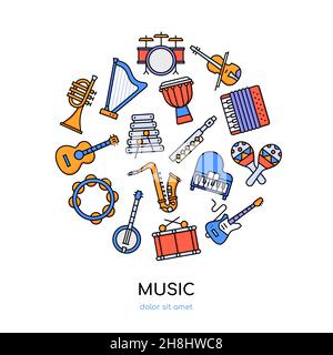 Music collection - vector flat design style banner with copy space for text. White background, traced detailed images can be used as icons. Strings, k Stock Vector