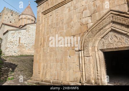 Inscriptions and decoration carvings on the wall of th Church of the Mother God inside the Ananuri castle in Georgia, Caucasus. Stock Photo