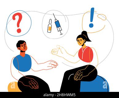 Consulting about vaccination - modern flat design style illustration with line elements. Boy and girl talking about the vaccine. FAQ, helpful informat Stock Vector
