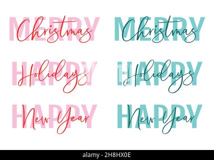 Handwritten Christmas card, Happy holidays, Happy New Year, text design, white background, set of vector graphic design elements Stock Vector