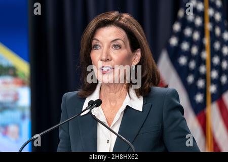 New York, NY - November 29, 2021: NYS Governor Kathy Hochul COVID-19 press briefing to address rising cases in the state and new variant Omicron at NYC office Stock Photo
