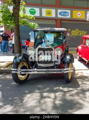BUENOS AIRES, ARGENTINA - Nov 08, 2021: Vintage green Ford Model A Phaeton 1929. Front view. Grille. Expo Warnes 2021 classic car show Stock Photo
