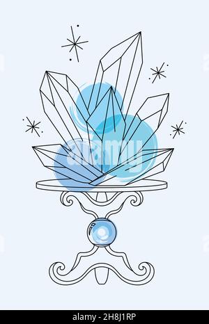 Vector bright lineart sketch blue quartz crystals on a stand. Pixiecore and fairycore Stock Vector