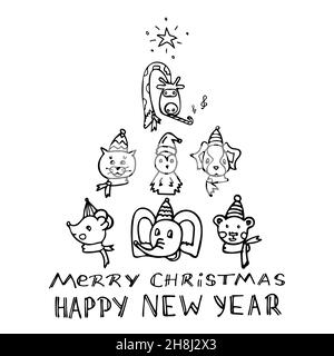 Set of isolated animals arranged in the shape of a Christmas tree with the inscription Christmas and New Year. Portraits tiger, giraffe, dog, cat Stock Vector