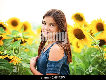 Happy tween girl in a sunflower field. Stock Photo