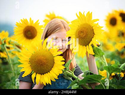 Happy tween girl in a sunflower field Stock Photo - Alamy