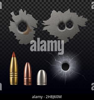 Realistic bullet holes. 3d hole from shots in the metal surface and glass, shells different caliber types, breaking and cracks, military weapon Stock Vector