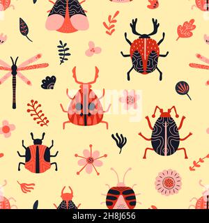 Cute insects seamless pattern. Funny repeat bugs and dragonflies background, kids natural print, simple doodle little garden animals. Decor textile, w Stock Vector