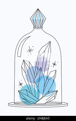 Vector bright lineart sketch blue quartz crystals in a glass dome. Pixiecore and fairycore Stock Vector