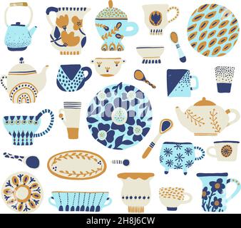 Decorative tableware. Cute crockery rustic style, hand drawn cookware blue and white colors, ceramic patterned kitchen pottery, porcelain ornamental p Stock Vector