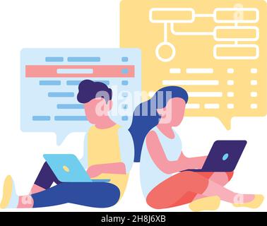 Man and woman coding together. Pair programming concept Stock Vector