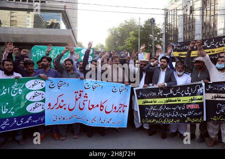Hyderabad, Pakistan, November 30, 2021. Traders of Muhammadi Furniture Market Manzoor Colony are holding protest demonstration against sales tax, at Karachi press club on Tuesday, November 30, 2021. Stock Photo