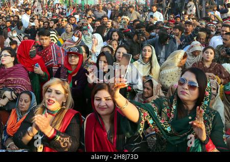 Hyderabad, Pakistan, November 30, 2021. A large numbers of supporters gathered to attend public gathering meeting of Peoples Party on the occasion of Party's 54th Foundation Day ceremony, in Peshawar on Tuesday, November 30, 2021. Stock Photo