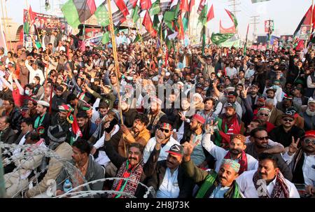 Hyderabad, Pakistan, November 30, 2021. A large numbers of supporters gathered to attend public gathering meeting of Peoples Party on the occasion of Party's 54th Foundation Day ceremony, in Peshawar on Tuesday, November 30, 2021. Stock Photo