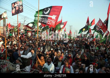 Hyderabad, Pakistan, November 30, 2021. A large numbers of supporters gathered to attend public gathering meeting of Peoples Party on the occasion of Party's 54th Foundation Day ceremony, in Peshawar on Tuesday, November 30, 2021. Stock Photo
