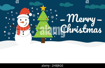 Merry Christmas landscape with christmas tree, santa hat, and two cute snowman vector on bright blue background. Stock Vector