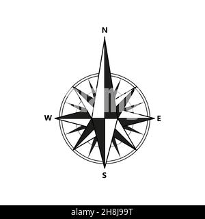 Vector compass flat icon with with North, South, East and West indicated. Navigation illustration isolated on white. EPS Stock Vector