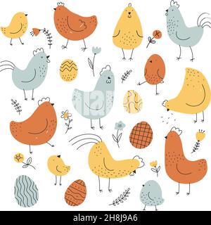 Funny chickens. Domestic birds with eggs and flowers, easter holiday symbols, roosters and hens, comic poultry yard characters, doodle domestic rural Stock Vector