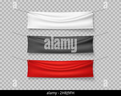 Color textile banners. Different colors hanging canvas, red, black, white textile mockup, empty blank fabric horizontal flag, advertising information Stock Vector