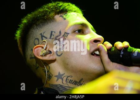 Buenos Aires, Argentina. 29th Nov, 2021. Elian Ángel Valenzuela, commonly known as L-Gante, performs on stage during a music concert at the Luna Park Stadium in Buenos Aires. (Photo by Manuel Cortina/SOPA Images/Sipa USA) Credit: Sipa USA/Alamy Live News Stock Photo