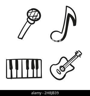 Hand drawn icon set of musical instruments and microphone set in doodle style isolated Stock Vector