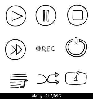 Hand drawn icon music and video player set in doodle style isolated Stock Vector