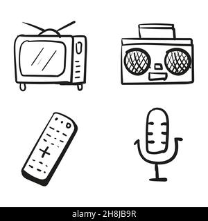 Hand drawn icon retro TV, tape recorder, microphone in doodle style isolated Stock Vector