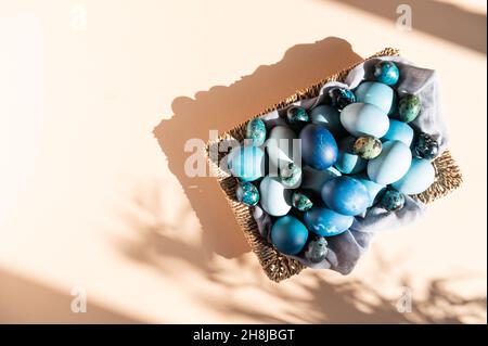 Homemade naturally dyed eggs in blue colors Stock Photo