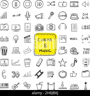 Hand drawn icon set cinema and music in doodle style isolated Stock Vector