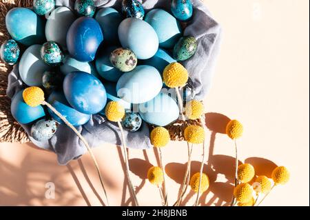 Homemade naturally dyed eggs in blue colors Stock Photo